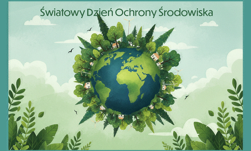 widok z góry - ziemia obrośnięta lasami i z domkami oraz wiatrakami eko naokoło