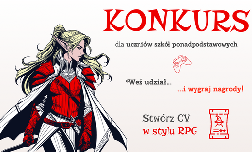 na białym tle elfka w średniowiecznym stroju, napis czerwonymi literami konkurs i detale konkursu