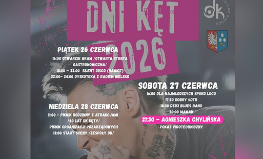 na rozmytym tle zdjęcie agnieszki chylińskiej, zaciemnione, białymi literami napisy informujące o atrakcjach w poszczególne dni