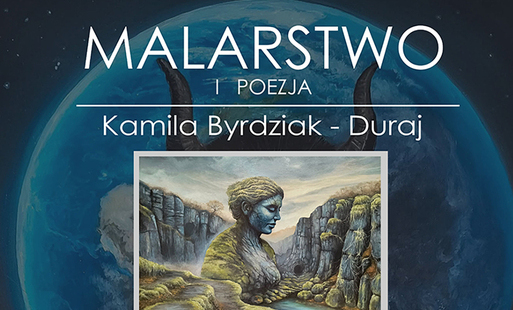 na granatowym tle niebieski księżyc, na jego tle białymi literami napis malarstwo, pod spodem nazwisko autorki i obraz