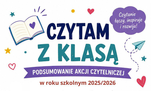 na białym tle niebieski napis czytam z klasą, pod spodem na niebieskiej wstędze napis podsumowanie akcji pod spodem czerwonymi literami w roku szkolnym 2025/2026