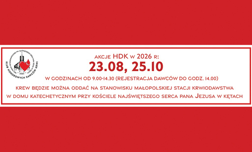 na czerwonym tle biało-czerwony baner z logiem hdk w lewym górnym rogu i dwiema datami pozostałych akcji, z informacjami co i jak pod spodem