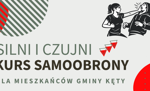 na beżowoszarym tle w lewym górnym rogu pomarańczowe koło i nachodzące na nie koło w kreskowanym stylu, po prawej stronie ikonka osoby broniącej się przed atakiem, w prawym dolnym rogu pomarańczowe koło, w lewym dolnym rogu napis silni i czujni, pod spode
