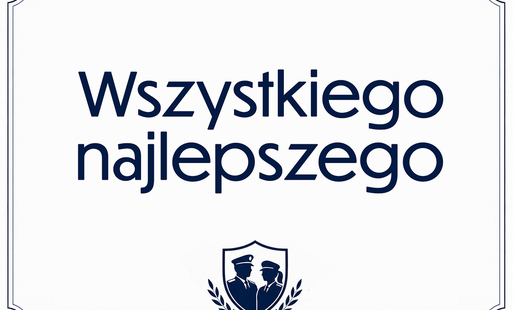 na białym tle elegancka granatowa ramka, w środku napis wszystkiego najlepszego, pod spodem tarcza z wizerunkiem sylwetek policjanta i policjantki, obramowany dwoma gałązkami laurowymi