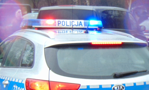 radiowóz policyjny na sygnale, tyłem do widza