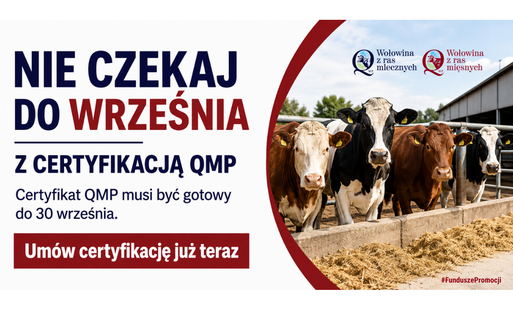 na miniaturze po prawej stronie są widoczne krowy, po lewej napis nie czekaj do września i informacje o certyfikacie systemu qmp