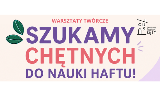na białym tle napis szukamy chętnych do nauki haftu - napis dużymi fioletowymi i literami na białym tle z zielonymi liśćmi