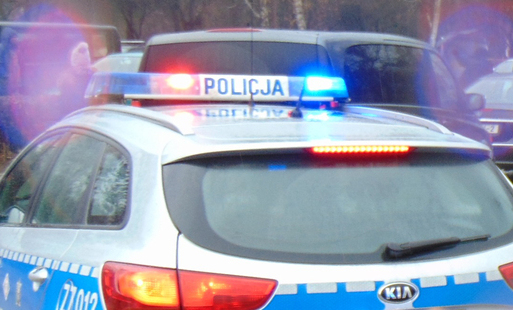 radiowóz policyjny na sygnale, tyłem do widza