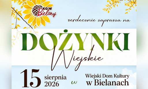na błękitnym tle napis zielonymi literami dożynki, w górze słonecznik, detale dot wydarzenia