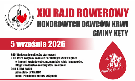 na białym tle czerwonymi literami xxi rajd rowerowy, kropla krwi na dole w prawym dolnym rogu, w lewym górnym rogu logo kęckiego hdk