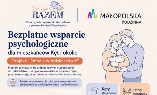 infografika informująca o nowym projekcie dla przyszłych rodziców, na samej górze logo fundacji, pod spodem tytuł projektu, po prawej ikona rodziców z maluszkiem