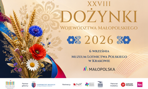 plakat dożynkowy małopolski, dużymi złotymi literami napis dożynki 2026, po lewej zboże i kwiatki, w dole logotypy