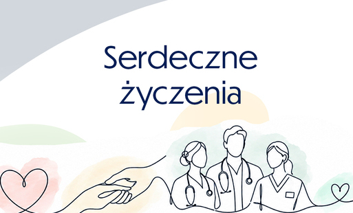 w lewym górnym rogu jasnoniebieski łuk, w środku na białym tle napis serdeczne życzenia granatowymi literami, w dole serce w lewym dolnym rogu, namalowane techniką one-line, prowadzące do wyciągniętych ściskających się dłoni i ilustracji pracowników ochrony zdrowia