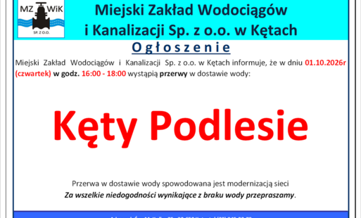 na białym tle wielkimi czerwonymi napisami napis kęty podlesie. na samej górze na błękitnym tle logo mzwik kęty i nazwa firmy, pod spodem informacja o zakręceniu wody na kętach podlesiu od 16 do 18 1 października