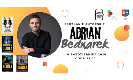 na białym tle żółte kropki okrągłe foto autora i zdjęcia okładek i po prawej napis adrian bednarek, poniżej szczegóły spotkania