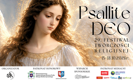 plakat - anioł patrzy w dół w prawy dolny róg, napis obok ozdobnymi literami Psallite Deo, na dole belka projektowa