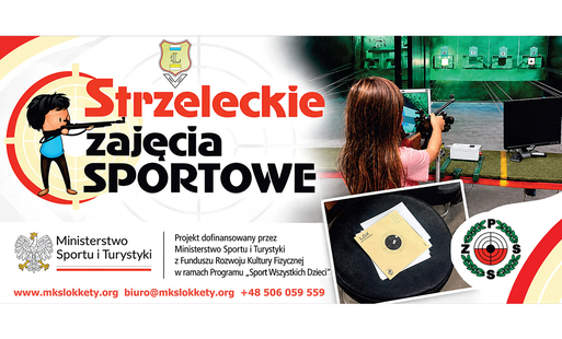 na białym tle napis strzeleckie zajęcia sportowe, ikonka dziecka po lewej stronie, po prawej widok z perspektywy strzelca, w dole belki projektowe