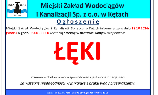 komunikat wodociągów o przerwie w dostawie wody - na górze błękitna belka z logiem kęckiego mzwik, w środku biała plansza z dużym czerwonym napisem ŁĘKI w środku oraz informacje dodatkowe, na dole niebieska belka z adresem 