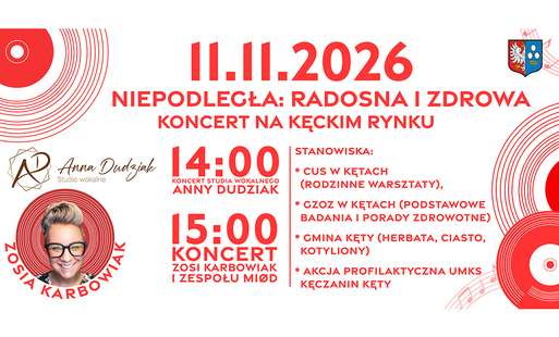 na białym tle biało-czerwone płyty winylowe i linie muzyczne, informacje dot. wydarzenia - 11 listopada, 14:00 i 15:00 są powiększone - to data wydarzenia oraz godziny koncertów. po lewej stronie znajdują się logotypy wykonawców - Anny Dudziak oraz Zosi Karbowiak