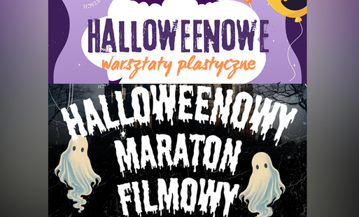 na zblurowanym fioletowoszarym tle fragmenty plakatów - halloweenowe warsztaty (fioletowy) i halloweenowy maraton filmowy (szary) z duszkami po lewej i prawej stronie