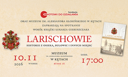 na kremowym tle papierowym po lewej herb larischów, po prawej książka, w środku napis larischowie i podtytuł, detale dotyczące wydarzenia