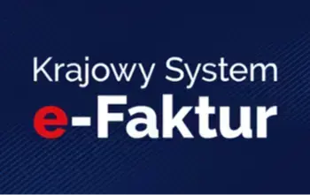 Biały napis "Krajowy System e-Faktur" z literką "e" w kolorze czerwonym na granatowym tle