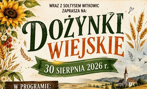 Napis Dożynki Wiejskie na tle słoneczników i kłosów